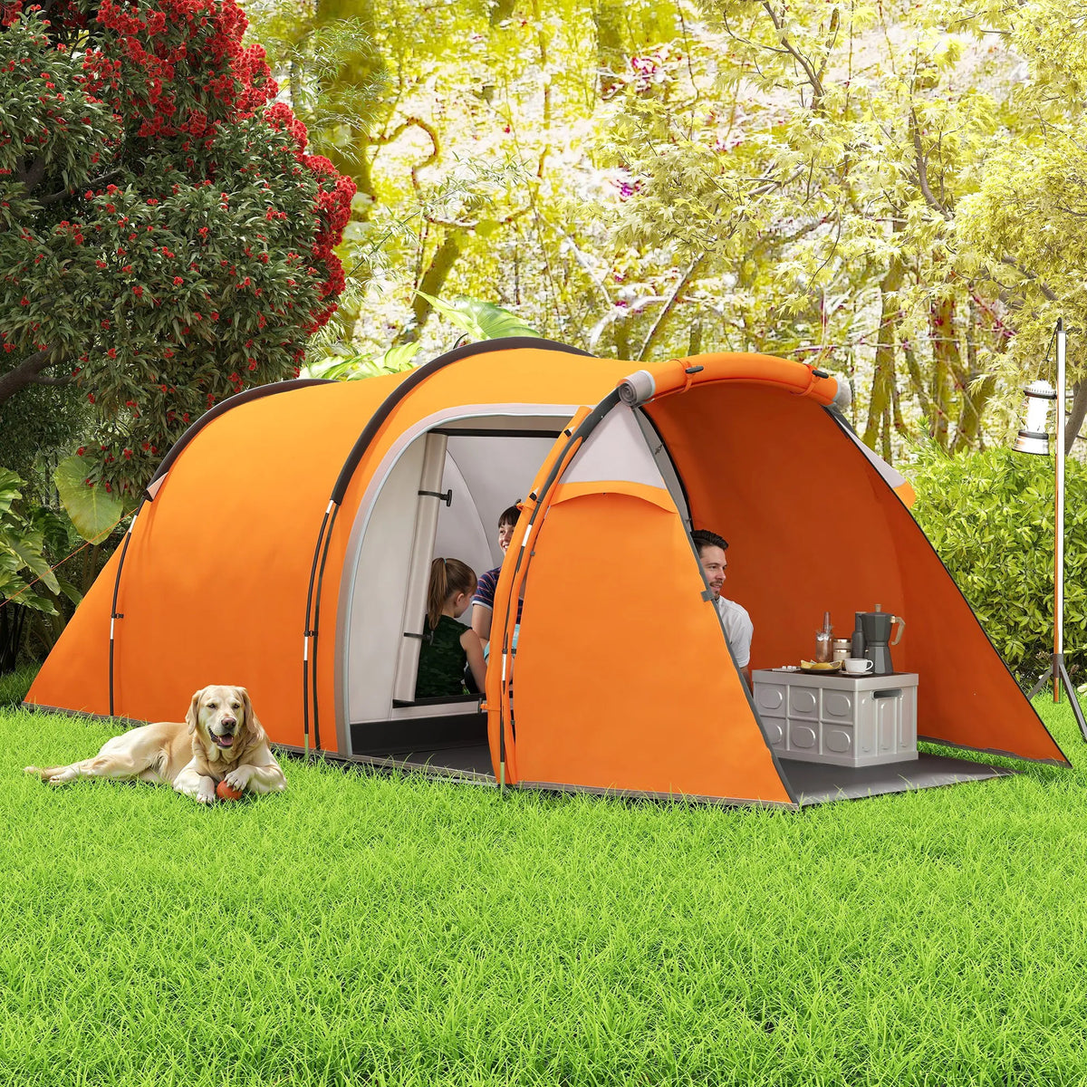 Outsunny 2-3 Person Tunnel Tent, 2000mm Water Column, Orange