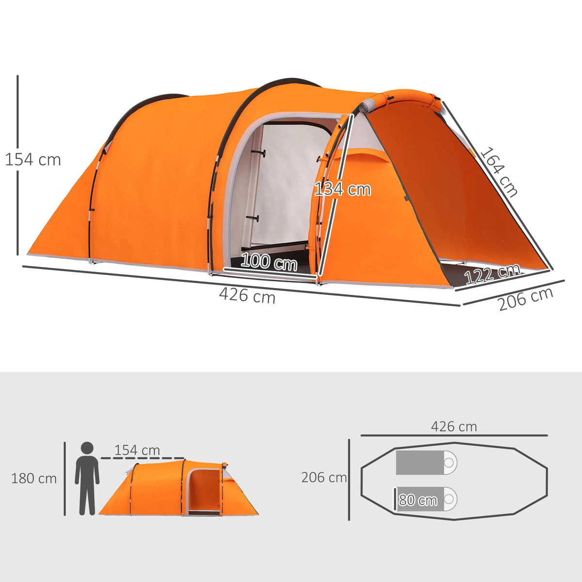 Outsunny 2-3 Person Tunnel Tent, 2000mm Water Column, Orange